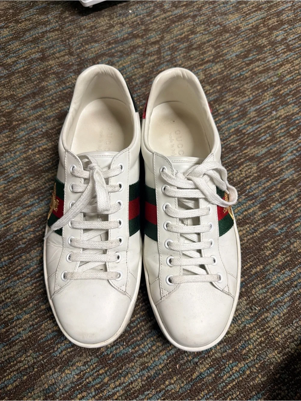 Gucci White Leather Sneakers with Red & Green Web and Gold Bee